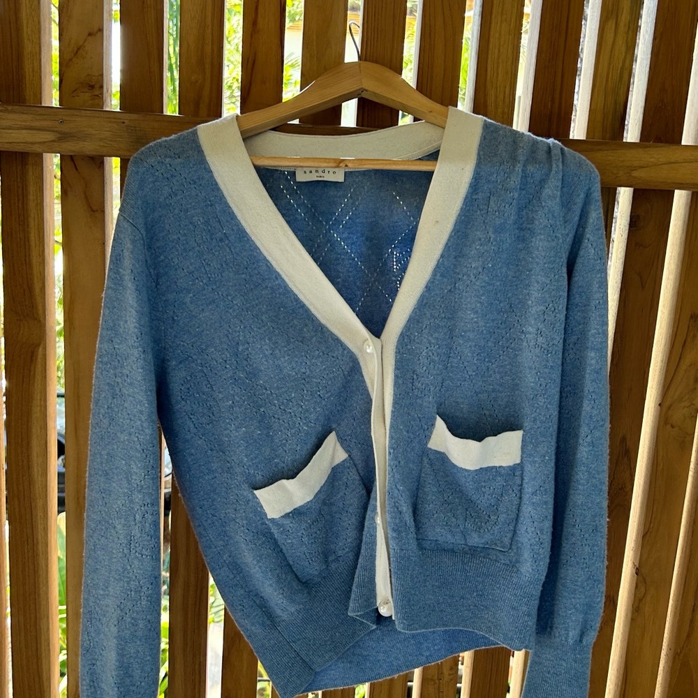 Sandro Blue and Cream V-Neck Cardigan Sweater